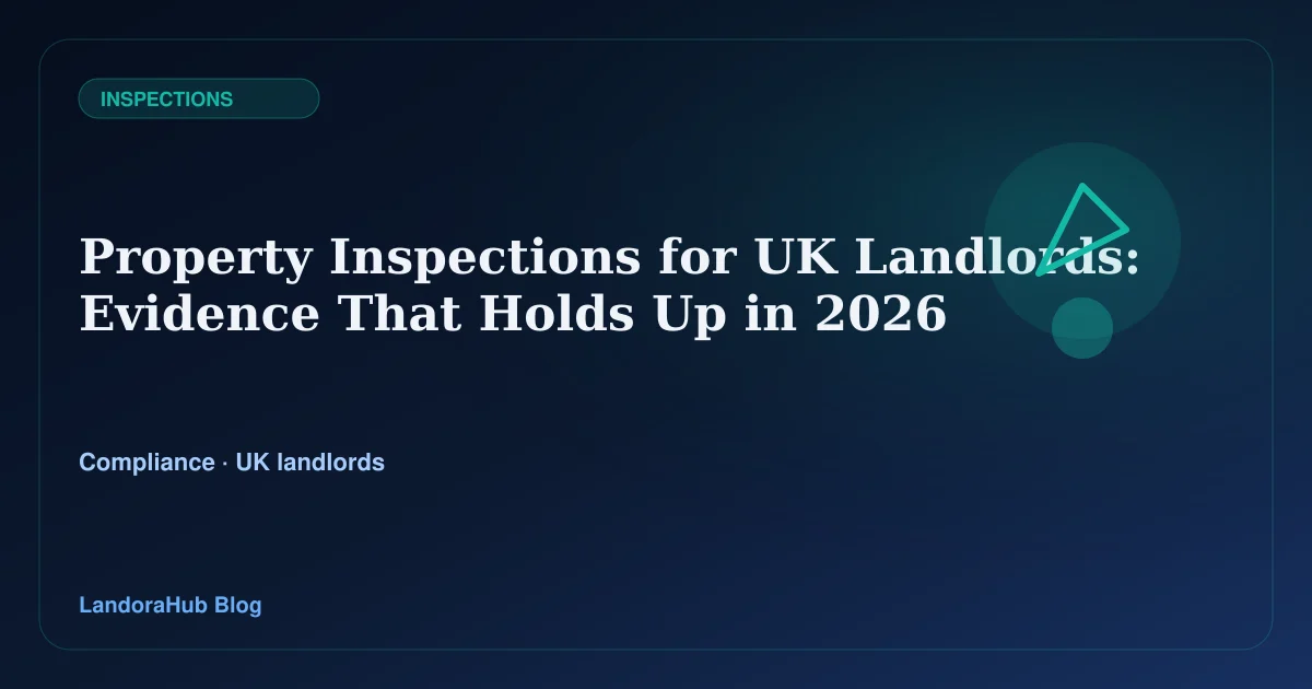 LandoraHub guide graphic for landlord property inspections and evidence logs.