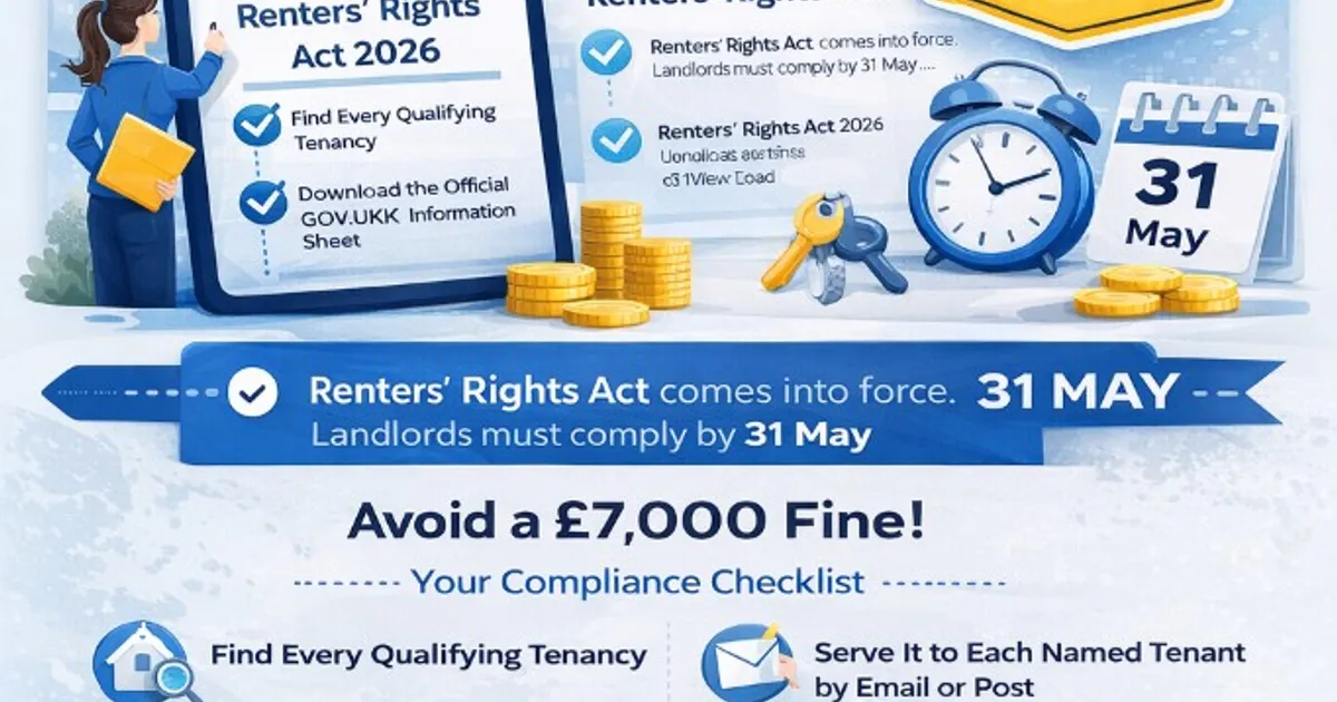 LandoraHub infographic showing the Renters' Rights Act 2026 deadline and landlord compliance checklist.